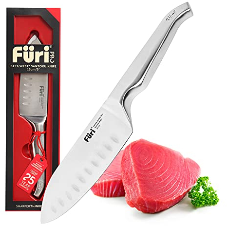 FURI Pro East/West™ Santokumesser, aus rostfreiem japanischem Edelstahl, Küchenmesser mit breiter Klinge für Profi- und Hobbyköche, ideal für Fleisch, Gemüse und Co. Klingenlänge: 13 cm