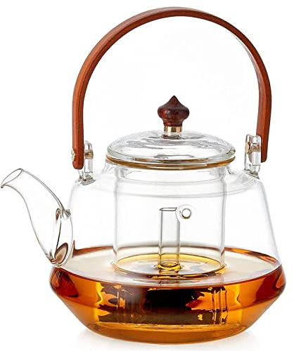 Teiera In Vetro, Piano Cottura Sicuro, Bollitore In Vetro Borosilicato Con Infusore Rimovibile, Manico In Legno Resistente Al Calore Per Tè Ai Fiori In Fiore - 1250 Ml