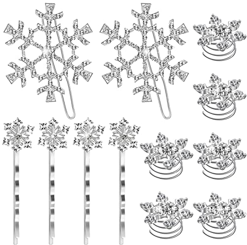 12 Stück Valentinstag Schneeflocken Haarspangen Glänzende Strass Legierung Schneeflocken Haarspangen Set, Kristall Haarnadeln Spiralspange Kopfbedeckung für Frauen Mädchen Hochzeit Weihnachten