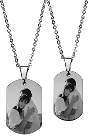 INBLUE Personalisierte Erkennungsmarken-Halskette mit 2 Stück, Foto/Name/Datum/Kalender, Personalisiert mit Bild-Anhänger, Halskette für Männer, Frauen, Paare, Edelstahl, Liebesschmuck