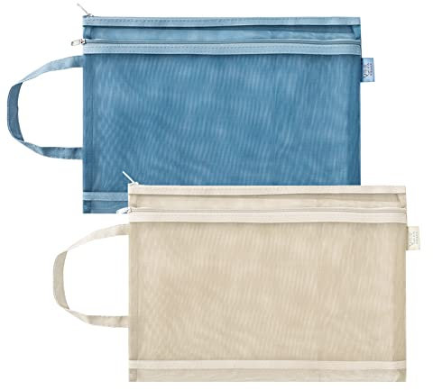 Bolsas de Documentos A4, 2 Piezas Bolsas de Documentos de Malla Bolsa de Archivo de Cremallera con Asa de Doble Capa Carpetas Transparentes A4 para la Escuela, la Oficina, la Viaje (Caqui y Azul)