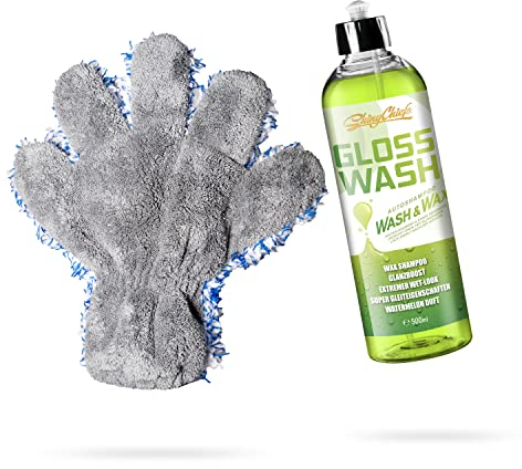 ShinyChiefs GLOSSWASH Watermelon Set - WASH & WAX - Autoshampoo mit Glanzverstärker für den Just-Waxed-Look - Autoreinigung 2in1 mit sichtbarem Lackschutz, 500ml & Microfaser Waschhandschuh