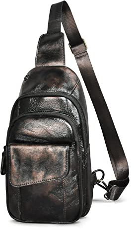Le’aokuu Herren Echtes Leder Hüfttasche Bauchtsche Brusttasche Crossbody Bag Sling Bag Schultertsche Brustbeutel Freizeit Reisen Outdoor Tasche 8013 (1 8013 C Schwarzer Kaffee)