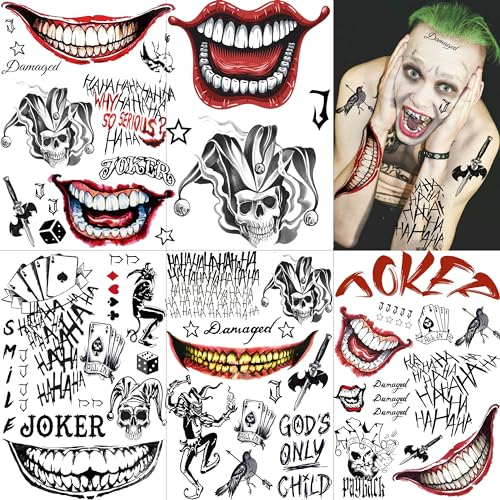 LAROI 5 Blatt 3D Joker Tattoo Herren Damen Klebetattoos Erwachsene, Fake Halloween Tattoos Zum Aufkleben Frauen Männer, Klebe Gothic Joker Temporäre Tattoo Aufkleber Halloween Gesicht Schminke Make UP