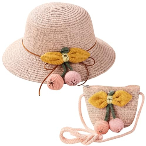 Cappello da Sole per Bambina Cappello di Paglia Cappello da Spiaggia Estivo e Mini Set,Ragazze da Spiaggia Estivi Fiori Berretto Protezione UV 2-8 Anni (Beige)
