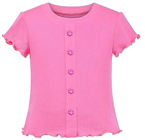 Sunny Fashion Girls T-Shirt Crop Top Pink Lettuce Trim Ribbed Knit Crewneck Daily Age 9-10 Years