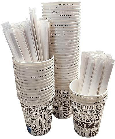500 Vasos Desechables Café de Papel Cartón de 200 ml, Vasos Resistentes y Elegantes para Bebidas Calientes o Frías, Perfectos para Oficina y Hogar. Incluyen 500 Paletinas de Madera