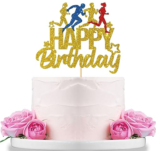 WeBenison Marathon Happy Birthday Cake Topper, Sport Running Birhday Cake Supplies, Sport Keep Fit and Fitness Theme Running enthusiasts Birthday Party Decorations Gold Glitter