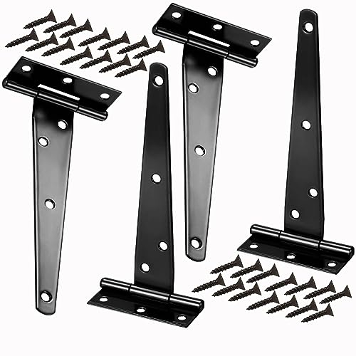 4 Pack T-Strap Shed Door Hinges Gate Strap Hinges Black Tee Hinge Wrought Hardware for Wood Shed Barn Door Fence Gate Swing Yard Door (8 Inch)