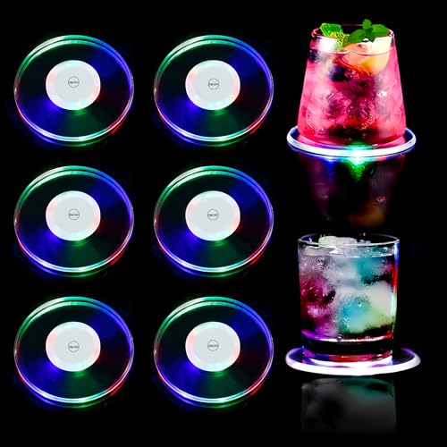Lot de 6 Dessous de Verre LED Lumineux Batterie remplaçable 6 Couleurs de lumière Lumineux pour Boissons en Acrylique Étanche Rond pour Verres Bouteilles fêtes Mariages Bar Noël pub Anniversaire