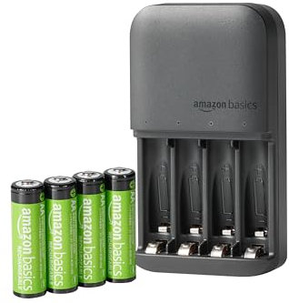 Amazon Basics Rechargeable AA NiMh Batteries with 4 Bay Battery Charger, UK Plug, Black, 4 Count (Pack of 1)