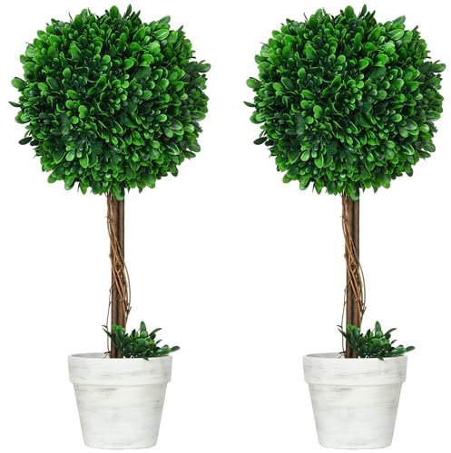 HOMCOM Set 2 Piante Finte Alberi di Bosso per Casa e Ufficio, Piante Artificiali da Interno ed Esterno con Vaso e Muschio Finto, Ø28x60cm, Verde