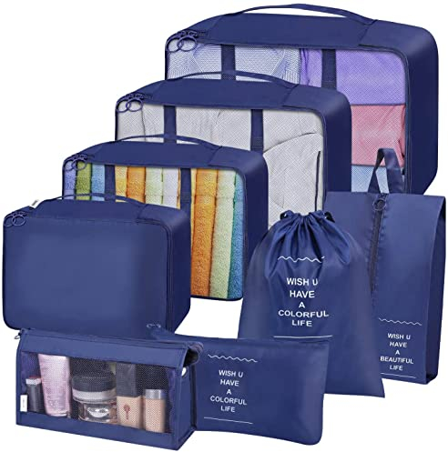 Packing Cubes, 8 Teilige Koffer Organizer für Urlaub und Reisen, Packwürfel Set Reise Würfel, Kleidertaschen für Koffer (Dunkelblau)