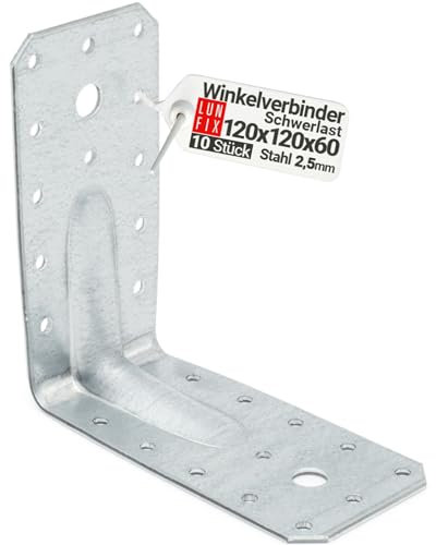 10 Equerre metal renforcées 120x120x60x2,5 mm, connecteurs bois galvanisés avec nervure, équerre support d'angle droit perforée pour menuiserie, fixation meuble, clôture, construction bois