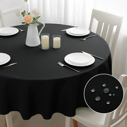 mosayt Schwarze Tischdecke Rund 120 cm Abwaschbar Leinenoptik Tischtuch Lotuseffekt Leinendecke Fleckschutz Tischwäsche für Outdoor Esszimmer, Garten, Hochzeiten