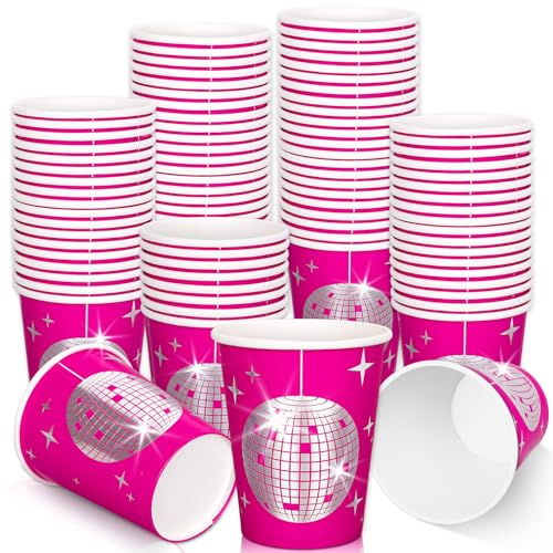 JarThenaAMCS 50Pcs Pink Disco Party Disposable Paper Cups Hot Pink Silver Disco Ball Drinking Cups for Cowgirl Bridal Shower Bachelorette Wedding 70-80s Party Supplies, 9oz