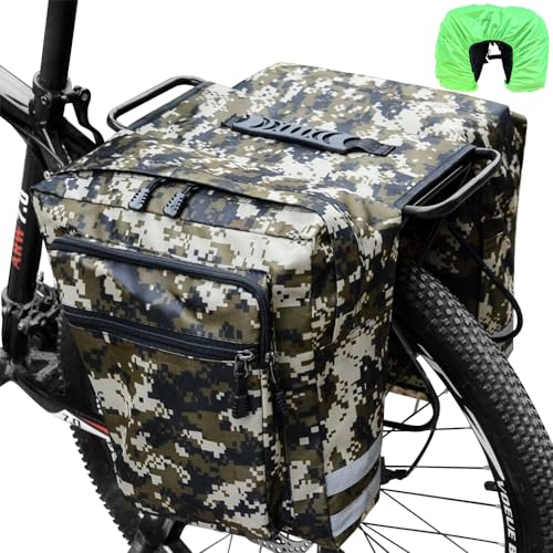 HINATAA Fahrradtaschen für gepäckträger,30L Fahrradtasche doppelt,Fahrradtaschen hinten gepäckträger,Wasserdicht Fahrrad Gepäcktasche mit Regenhülle,Gepäckträgertasche mit Reflektionsbänder (Tarnung)