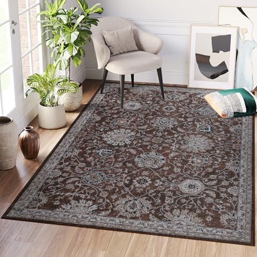 TAPISO Ritz Vintage Teppich - Braun Kurzflor Orientalisch Für Wohnzimmer, Schlafzimmer, Esszimmer - Rutschfest Waschbar, 160 x 220 cm