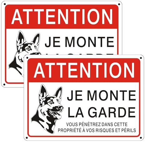 Luimode Panneau attention au Chien,Je Monte la Garde Vous Pénétrez dans Cette Propriété à Vos Risques et Périls, Aluminium 25 * 18cm,2 Pièces