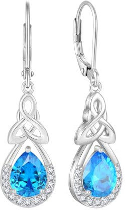 FJ Keltischer Knoten Ohrringe Damen 925 Sterling Silber Unendlichkeit Tropfen Hängend Aquamarin März Geburtsstein Irischer Glücksschmuck Geschenke für Frauen