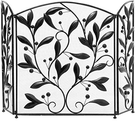 Kaminschutz, 3 Paneele, schwarzer Funkenschutz, Vase, Mosaikmuster, Metallgeflecht, Kaminschutz, Funkenschutz (Farbe: Rotkupfer) (Noir)