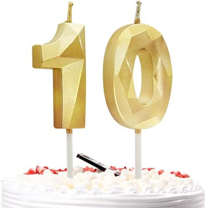Prebarfun Gold Geburtstagskerzen Zahlen 10, Kuchendeko, 3D Kerzen für Torte, Party, Hochzeiten, Firmenfeiern, Jubiläen