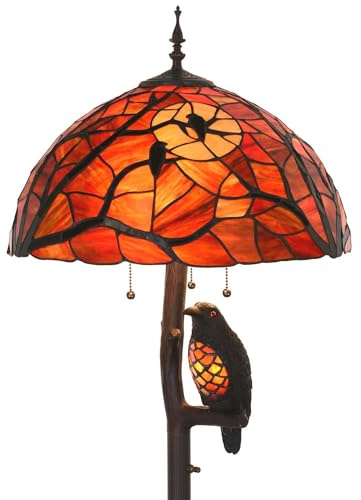 Bieye L50936 Ravens Sitting on Bare Tree Branch Against Full Moon Tiffany Style Stained Glass Floor Lamp with Raven Night Light Double Lit for Halloween Décor, 4-Light, 65 inches Tall