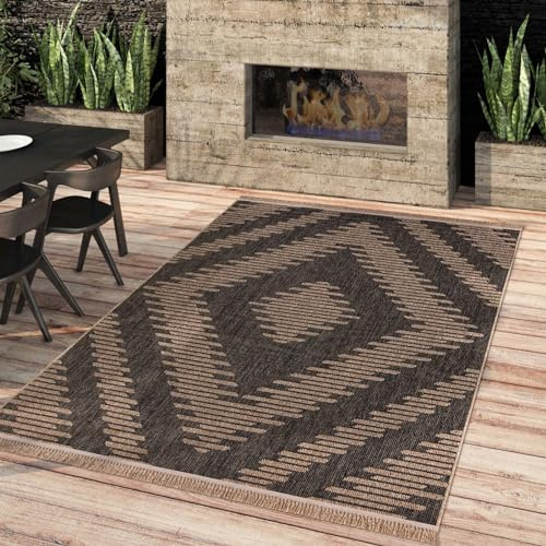 Taracarpet Outdoor & Indoor Teppich wetterfest Borneo Premium Sisal-Jute-Optik Natur für Wohnzimmer, Küche, Balkon, Wintergarten Karo anthrazit 120x160 cm