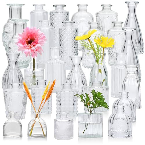 Lot de 30 petits vases à bourgeons en verre pour décoration de table de mariage, décoration de table, mini vases vintage transparents en relief, arrangements floraux dans des vases pour fête ou