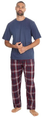 Mens Short Sleeve Pyjama Set Jersey Loungewear T-Shirt and Woven Check Pants Set Adults Nightwear (Denim-Burgundy, XL)