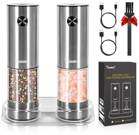 Molinillo de Sal y Pimienta Eléctrico Set de 2 con Base,USB Recargable,Molinillo de Sal y Pimienta con Luz LED y Cepillo,Molinillo de Cerámica de Grosor Ajustable,Molinillo de Especias Lavable 95ML