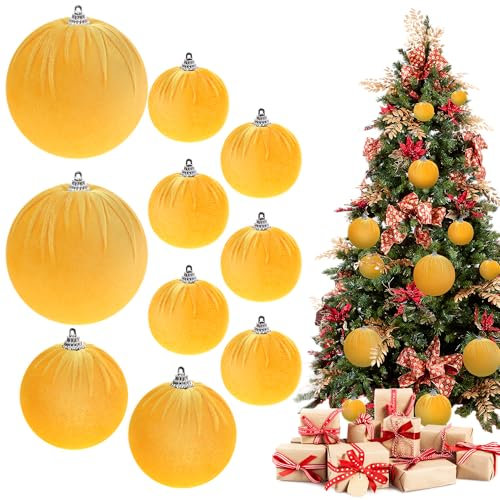 Funzhan 10pcs Hanging Handmade Balls Hangable Velvet Vintage mixed Size Flocked Shatterproof Ornament Decoration Delicate Christmas Bright Yellow