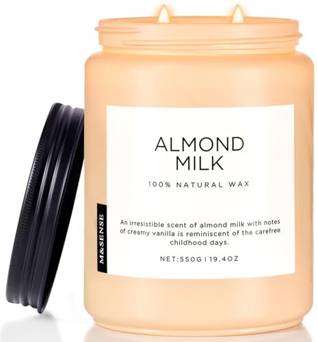 M&SENSE Mandelmilch Duftkerzen große Kerze im Glas mit 2 Dochten 550g 110 Std. lange Dauer natürlicher Bio-Sojawachs entspannende Vanille Duftkerze schöne Kerzengeschenke für Frauen AlmondMilk
