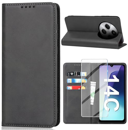Vaki für Xiaomi Redmi 14C 5G Hülle mit Schutzfolie, Handyhülle für Xiaomi Poco C75 PU Leder Wallet Kartenfach Klapphülle, Schutzhülle für Xiaomi Redmi 14C Flip Case Coqu Tasche Handyschutz (Schwarz)
