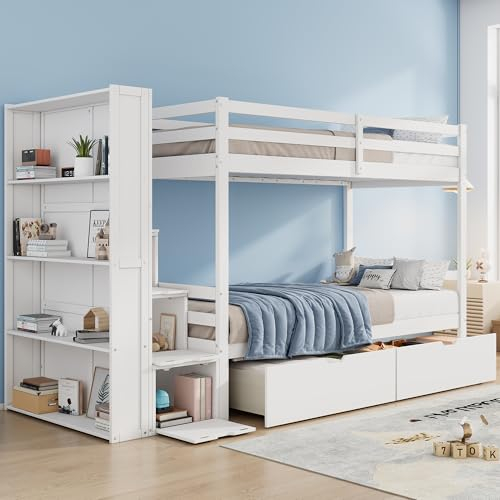 Kinderbett Etagenbett 90x200 cm, Hochbett mit Lagerregal, zwei Schubladen und Treppe mit Stauraum, Stauraumbett Stockbett Jugendbett Funktionsbett Bettgestell mit Rausfallschutz & Lattenrost, Weiß