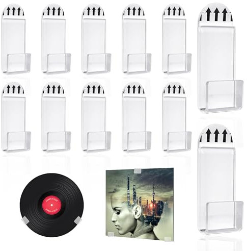 brileze 12pcs Vinyl Record Hangers Self Adhesive Wall Mount Vinyl Display Hooks Clear Acrylic Shelf Clips for Single Music Lp Album Cover CD Card Collection Magazine Home Office Decoration No Screw
