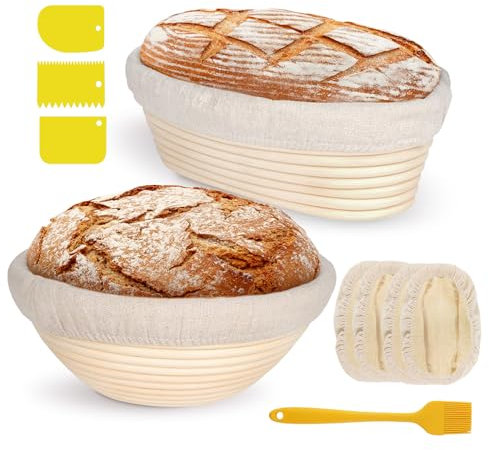 2er-Set Gärkorb zum Brotbacken, Runde und Ovale, inklusive Zubehör-Silikonbürste, dreiteiliges Teigschaber-Set, inklusive vier Stoffbezügen, perfekt zum Brotbacken