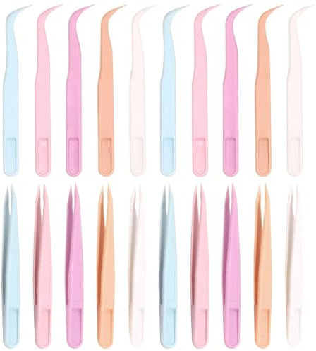 WOLMIK Lot de 20 pinces à épiler colorées en plastique - Pour travaux manuels, ramassage, pointes droites et incurvées pour la motricité fine, les extensions de cils