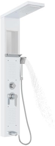 VA-Cerulean Colonne de douche en acier inoxydable avec douche à effet pluie, douche cascade, douchette à main, blanc