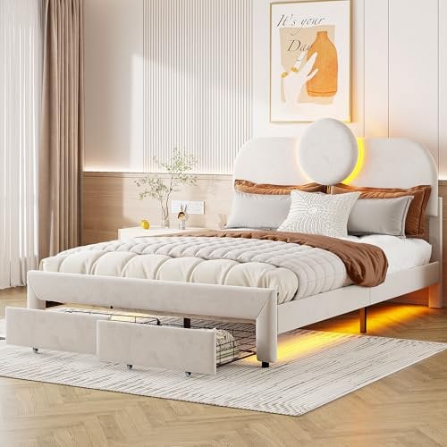 Wnvivi Polsterbett, Doppelbett, 140 x 200 cm mit 2 Schubladen, LED-Beleuchtung, verstellbares Kopfteil mit LED-Beleuchtung, Samtstoff, skandinavischer Stil, Beige