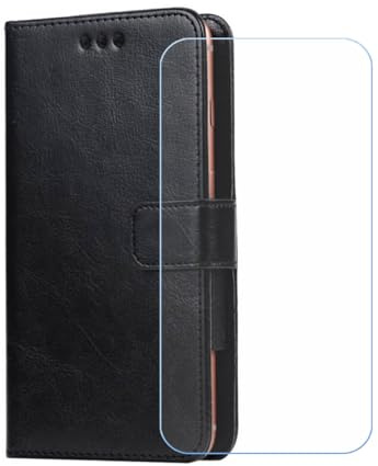 BMPNLSZ PU Cuir Etui pour Logicom Smart Pro + Verre trempé, HD Anti Rayures Film Protection écran - Fermeture Pliant Coque Cover Housse de Protection pour (6,7) - Noir-XHDSXT