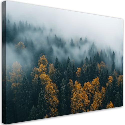 Feeby Leinwandbild - Bilder Wohnzimmer - Wald in Nebellandschaft - 120x80 1tlg - Deko Schlafzimmer - Wanddekoration - Aesthetic - Groß Moderne Bild - Foto auf Leinwand