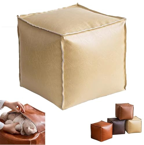 Sitzhocker mit Stauraum aus Leder Cube Polsterhocker Pouf-Hocker Nordischer Stil Fußhocker 40cm FußKissen Klappbare Fußbank Aufbewahrungsbox Für Wohn Und Schlafzimmer Deko, Nicht Gefüllt (Beige)