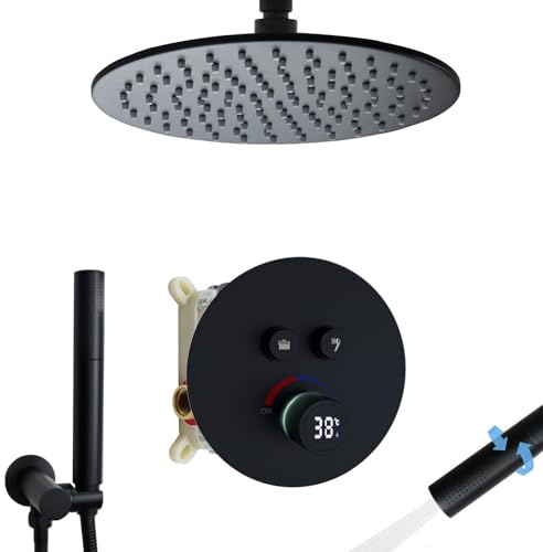 Delnet Digital Display Valve Shower Mixer Set with 4 Holes 10 Round Ceiling Mounted Rain Shower Head, Can Use 2 Functions at A Time, Matte Black