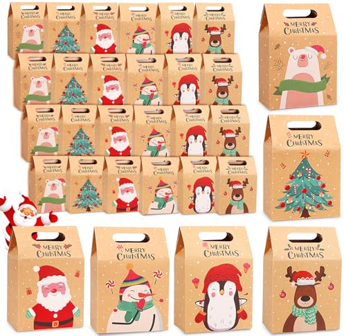 24 Stück Geschenktüten Weihnachten, Papiertüten Weihnacht, Weihnachtstüten Papier mit Griffen, Nikolaus Weihnachtstüte, Weihnachtsdekoration Weihnachtskraft (24pcs)