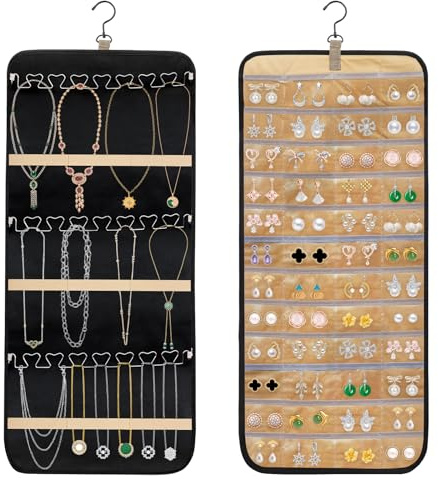 Porta Gioielli da Appendere, Hanging Jewelry Organizer per Armadio, Doppia Faccia con 48 Tasche Trasparenti e Ganci Metallici, Organizer da Appendere su Porta o Parete per Orecchini Collane,Bracciali