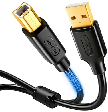 AIYEEN Câble d'imprimante USB 2.0 2 m (6,6 pi), câble A vers B plaqué or avec noyau en ferrite, fils de cuivre AWG 24/28, débit élevé 480 Mbit/s pour imprimantes, scanners, fax et disques durs
