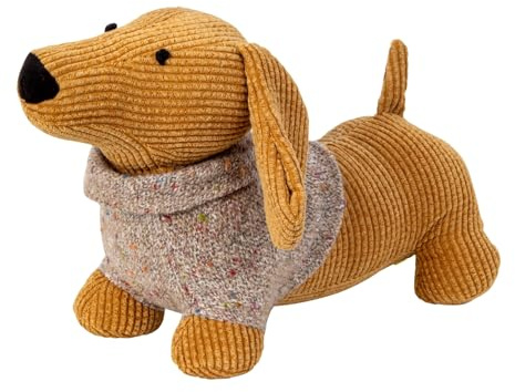Milo Deko Türstopper Dackel, Brauner Cordstoff mit Strickpullover, 31cm Lang, 0,9kg Schwer, Wohnzimmer und Flur Dekofigur