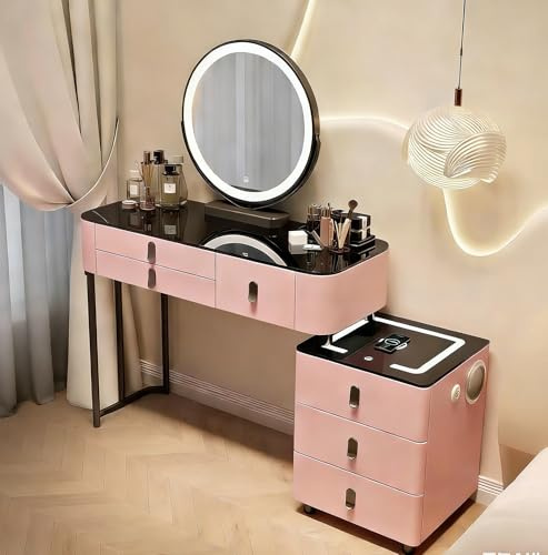 AMZSEW Dressing Table and LED Mirror,Vanity Desk with adjustable Lighting 5-Drawers with Glass Top Modern Dresser with Wireless Charging Station and Bluetooth Speaker,USB for Bedroom Pink（no chairs）