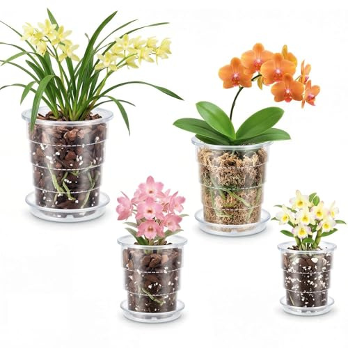 Yimomoyi Vasi trasparenti per orchidee, set da 4 pezzi, vasi in plastica trasparente da 10/12/14/16 cm con fori di drenaggio e sottovasi, vasi in plastica per vivaio adatti a orchidee
